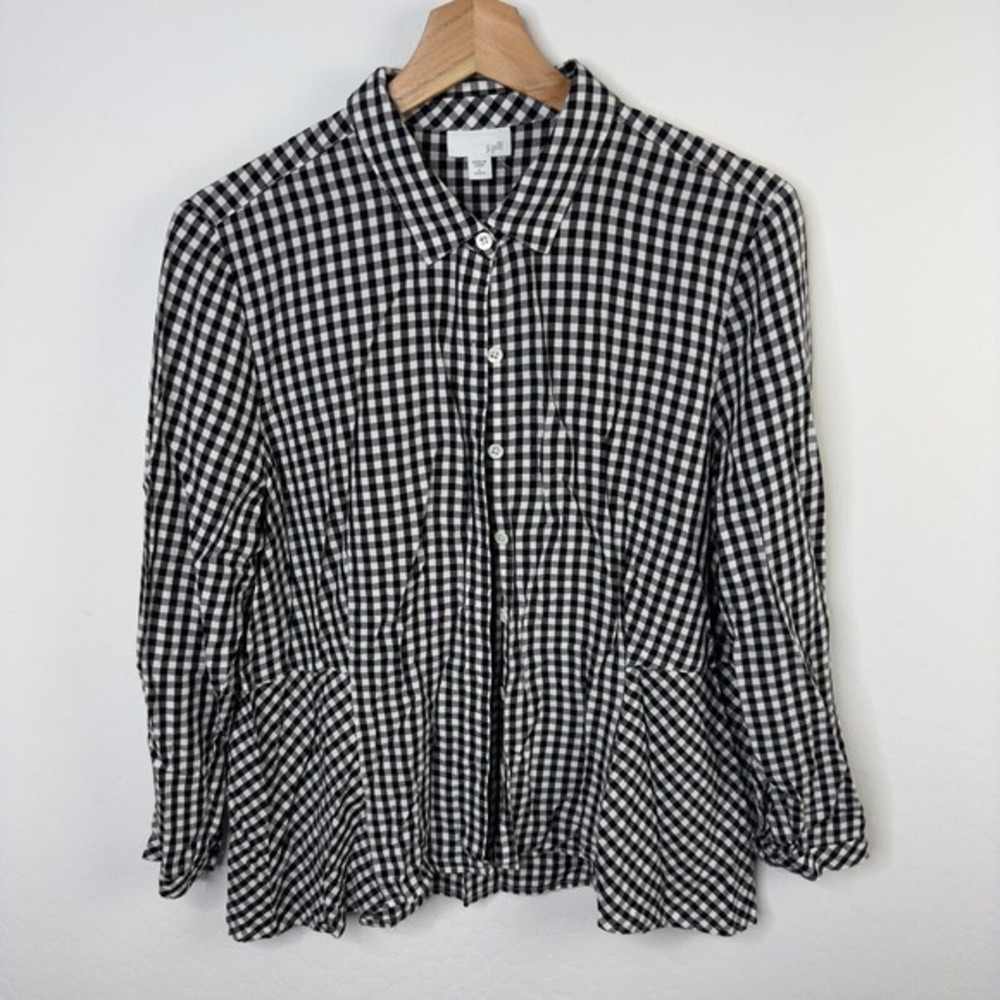 J.Jill Button Down Shirt blouse Black White Plaid Flanel‎ Size L 3/4 sleeve